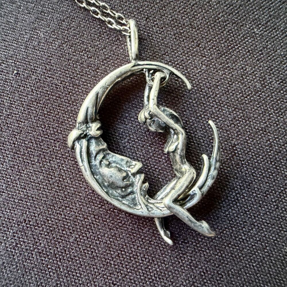 Sterling Silver Moon Rider Necklace Fae Jewelry Luna Goddess 3D Pendant 19"